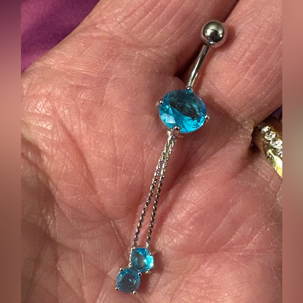 Belly Ring- 3 Stone Stainless Steel Belly Ring In Like Blue Topaz Stones